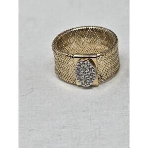 Vtg Italian Solid 14k Yellow Gold Mesh Stretch Ring CZ 7-7.5